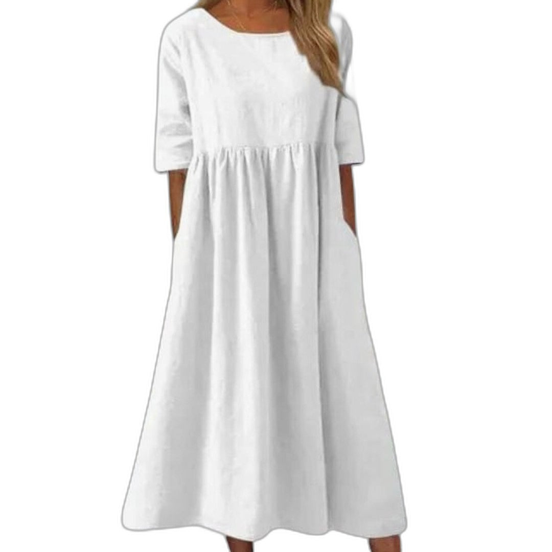 Effortless White Linen Midi Dress for Women with Crew Neck Short Sleeve A Line Flowing Pockets Casual Style