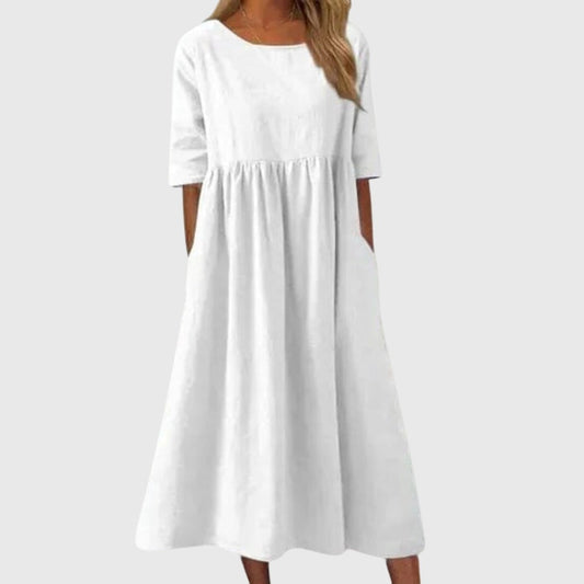 Effortless White Linen Midi Dress for Women with Crew Neck Short Sleeve A Line Flowing Pockets Casual Style
