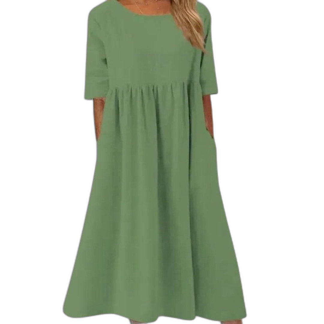 Effortless White Linen Midi Dress for Women with Crew Neck Short Sleeve A Line Flowing Pockets Casual Style
