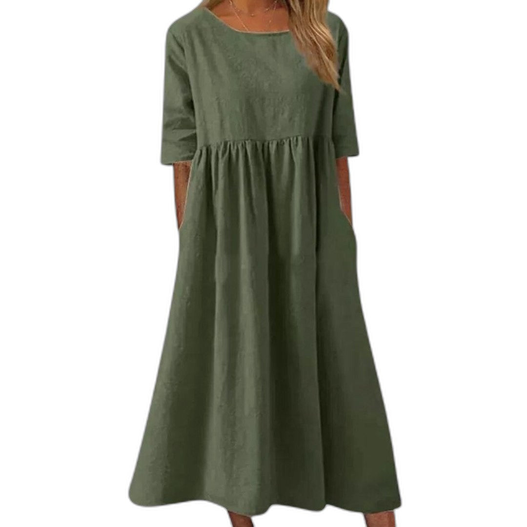 Effortless White Linen Midi Dress for Women with Crew Neck Short Sleeve A Line Flowing Pockets Casual Style