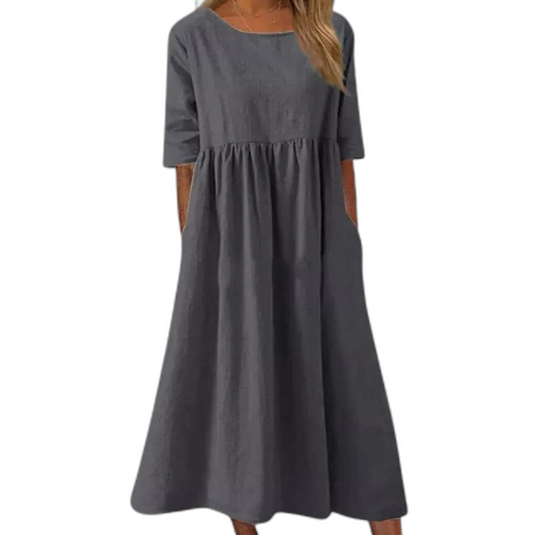 Effortless White Linen Midi Dress for Women with Crew Neck Short Sleeve A Line Flowing Pockets Casual Style