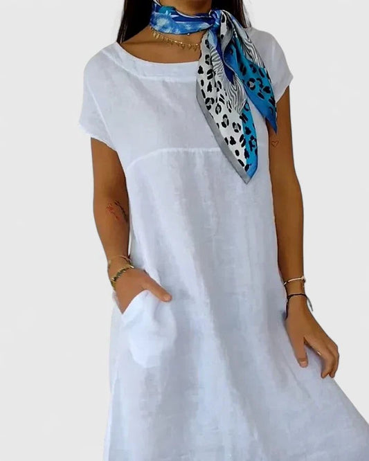 Effortless White Linen Midi Dress for Women with Crew Neck Short Sleeve Flowing Pockets Casual Style