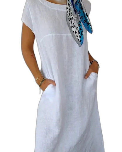 Effortless White Linen Midi Dress for Women with Crew Neck Short Sleeve Flowing Pockets Casual Style