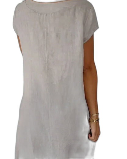 Effortless White Linen Midi Dress for Women with Crew Neck Short Sleeve Flowing Pockets Casual Style