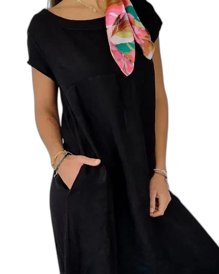Effortless White Linen Midi Dress for Women with Crew Neck Short Sleeve Flowing Pockets Casual Style
