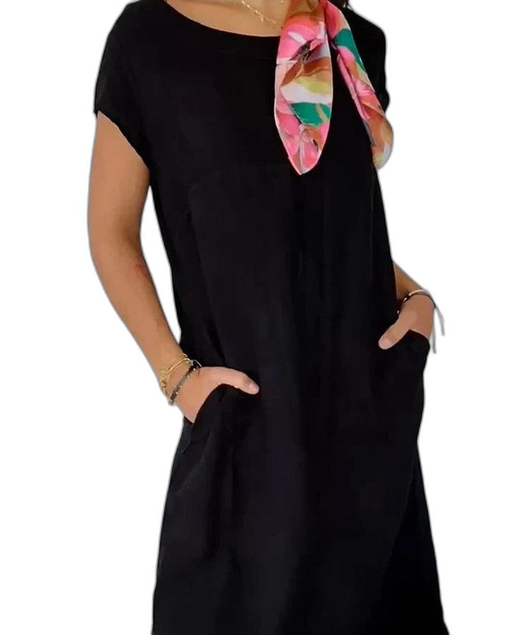 Effortless White Linen Midi Dress for Women with Crew Neck Short Sleeve Flowing Pockets Casual Style