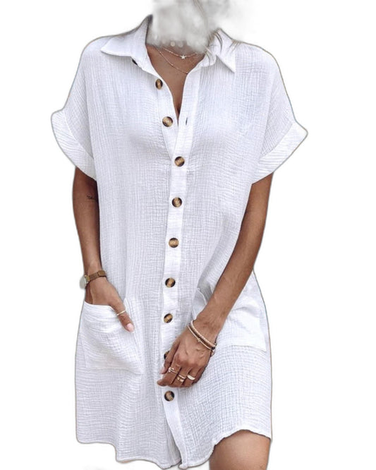 Effortless White Linen Mini Dress for Women with Collared Short Sleeve Button Front Flowing Pockets Casual Style