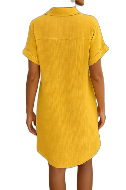Effortless White Linen Mini Dress for Women with Collared Short Sleeve Button Front Flowing Pockets Casual Style