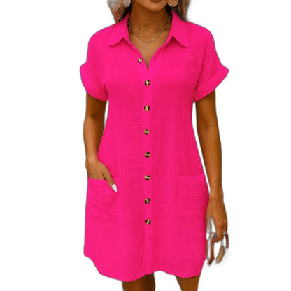 Effortless White Linen Mini Dress for Women with Collared Short Sleeve Button Front Flowing Pockets Casual Style