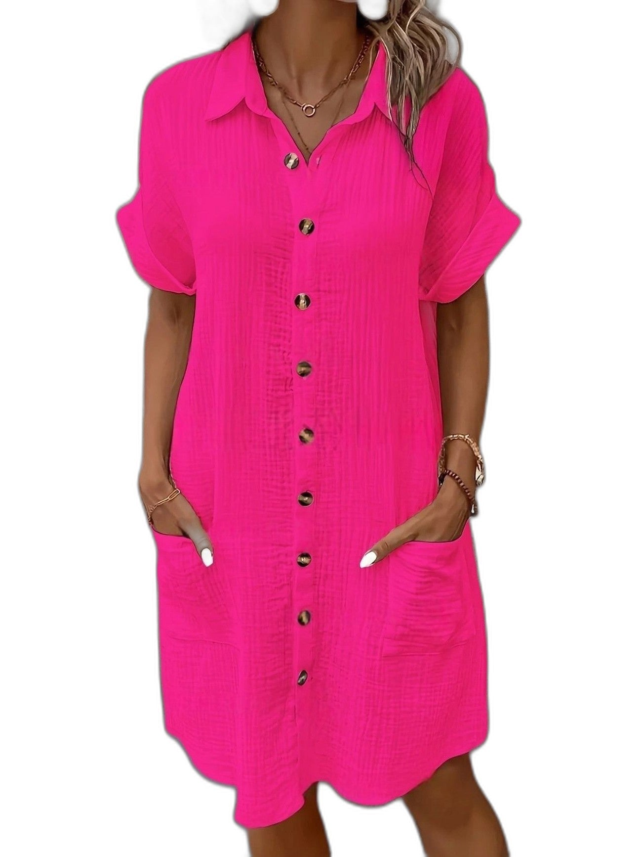 Effortless White Linen Mini Dress for Women with Collared Short Sleeve Button Front Flowing Pockets Casual Style