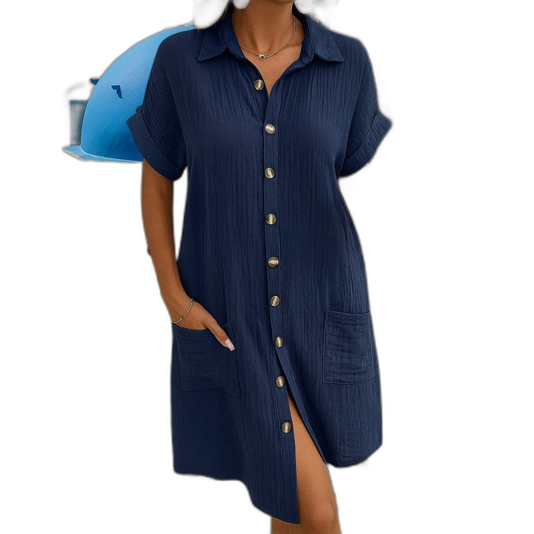 Effortless White Linen Mini Dress for Women with Collared Short Sleeve Button Front Flowing Pockets Casual Style