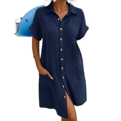 Effortless White Linen Mini Dress for Women with Collared Short Sleeve Button Front Flowing Pockets Casual Style