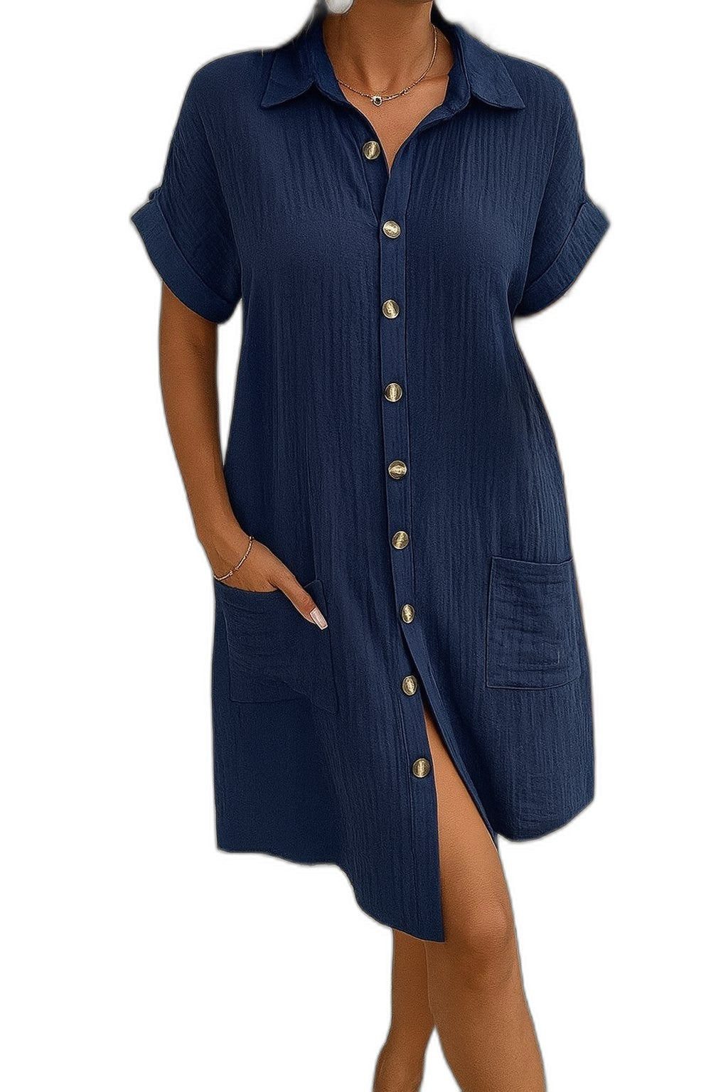 Effortless White Linen Mini Dress for Women with Collared Short Sleeve Button Front Flowing Pockets Casual Style