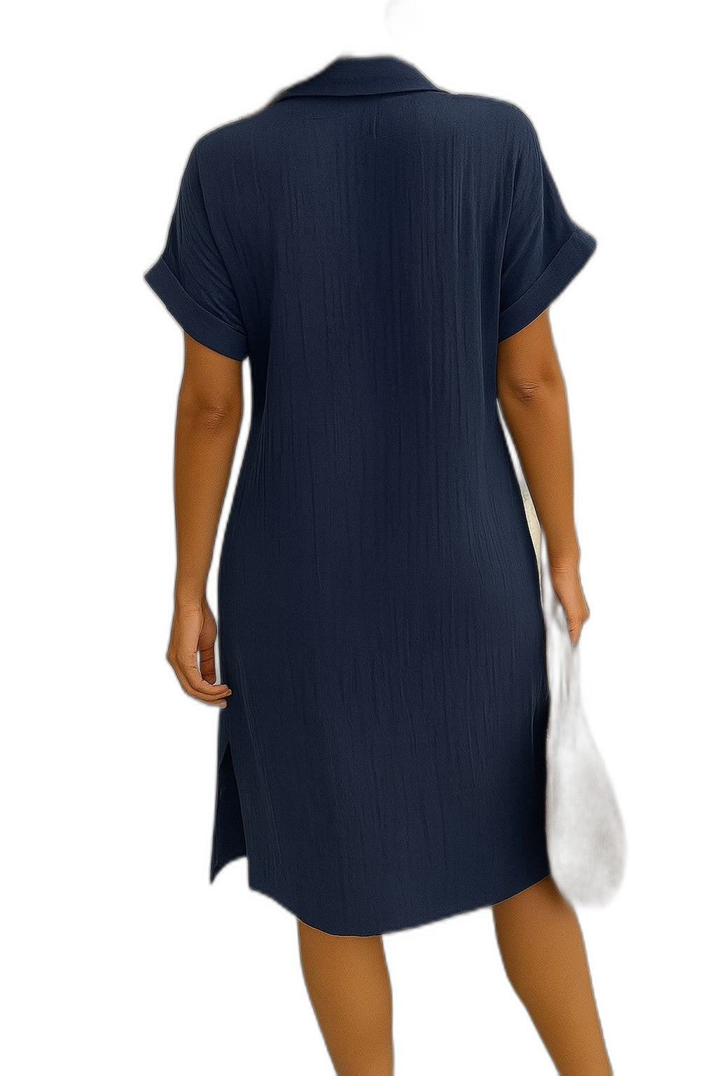 Effortless White Linen Mini Dress for Women with Collared Short Sleeve Button Front Flowing Pockets Casual Style