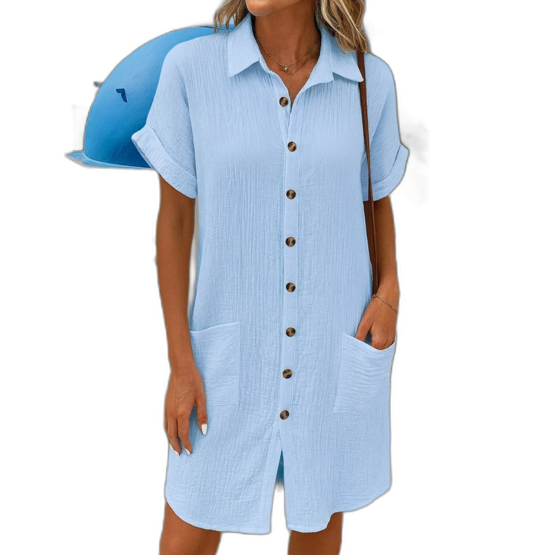 Effortless White Linen Mini Dress for Women with Collared Short Sleeve Button Front Flowing Pockets Casual Style