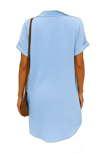 Effortless White Linen Mini Dress for Women with Collared Short Sleeve Button Front Flowing Pockets Casual Style
