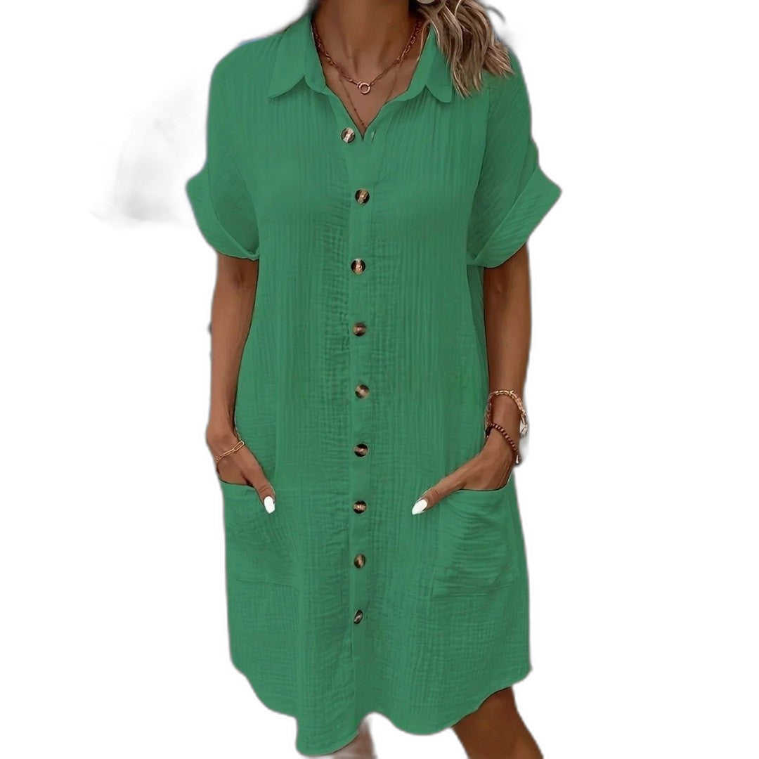 Effortless White Linen Mini Dress for Women with Collared Short Sleeve Button Front Flowing Pockets Casual Style