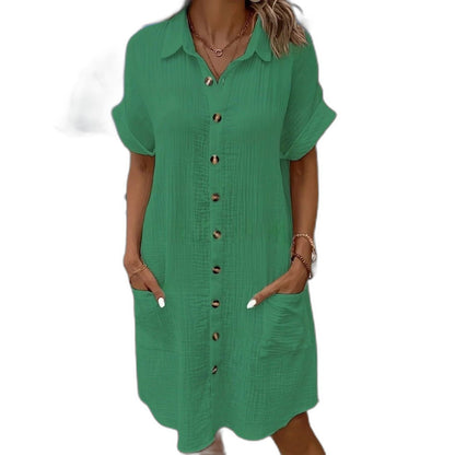 Effortless White Linen Mini Dress for Women with Collared Short Sleeve Button Front Flowing Pockets Casual Style