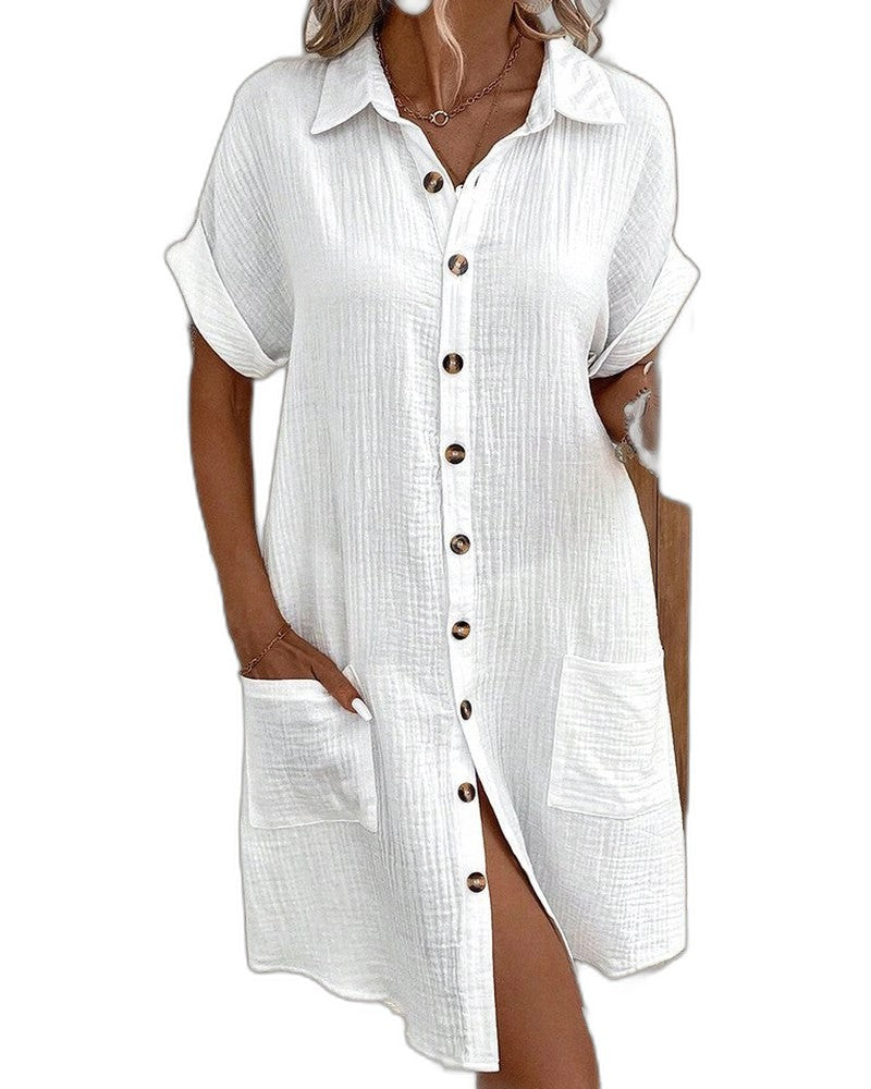 Effortless White Linen Mini Dress for Women with Collared Short Sleeve Button Front Flowing Pockets Casual Style