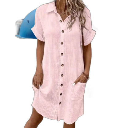 Effortless White Linen Mini Dress for Women with Collared Short Sleeve Button Front Flowing Pockets Casual Style