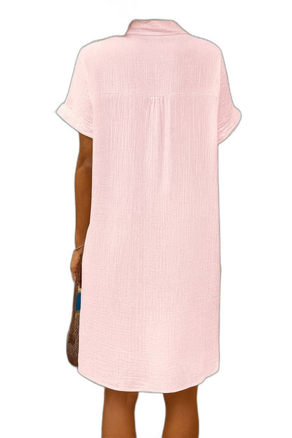 Effortless White Linen Mini Dress for Women with Collared Short Sleeve Button Front Flowing Pockets Casual Style