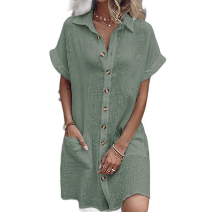 Effortless White Linen Mini Dress for Women with Collared Short Sleeve Button Front Flowing Pockets Casual Style