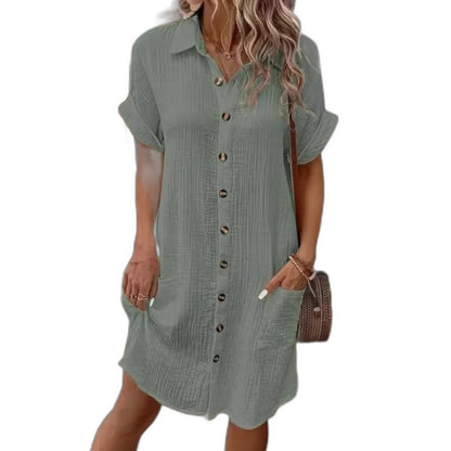 Effortless White Linen Mini Dress for Women with Collared Short Sleeve Button Front Flowing Pockets Casual Style