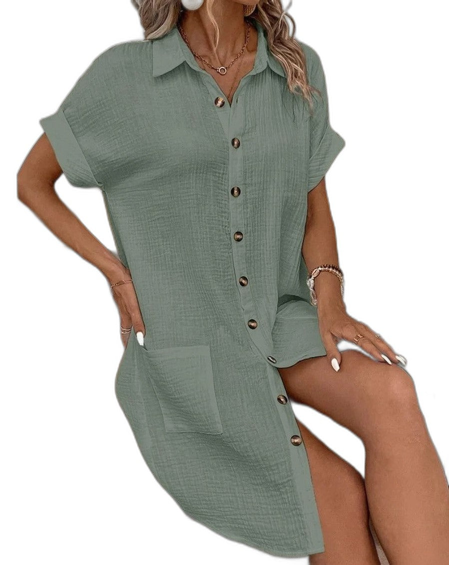 Effortless White Linen Mini Dress for Women with Collared Short Sleeve Button Front Flowing Pockets Casual Style