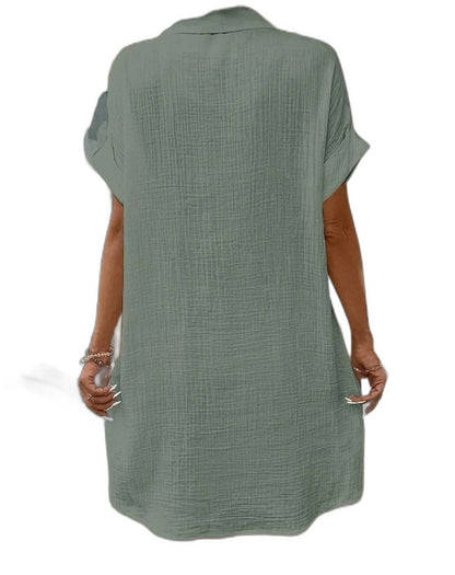 Effortless White Linen Mini Dress for Women with Collared Short Sleeve Button Front Flowing Pockets Casual Style