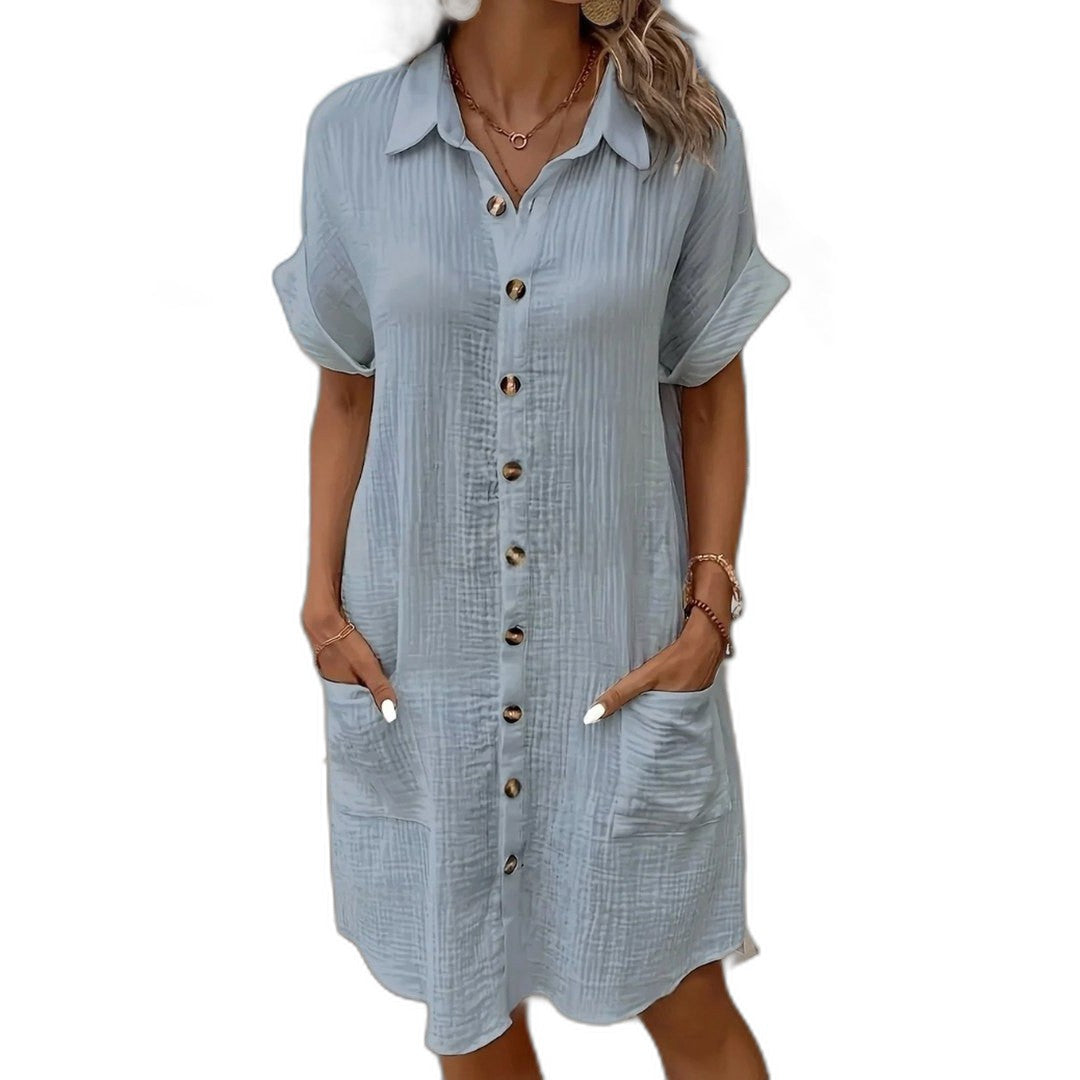 Effortless White Linen Mini Dress for Women with Collared Short Sleeve Button Front Flowing Pockets Casual Style