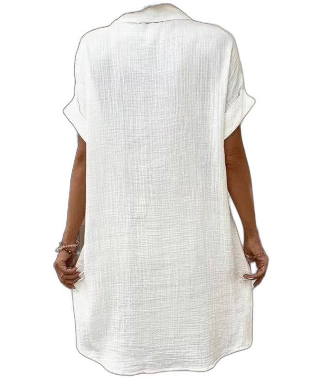 Effortless White Linen Mini Dress for Women with Collared Short Sleeve Button Front Flowing Pockets Casual Style
