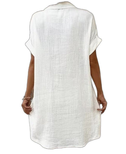 Effortless White Linen Mini Dress for Women with Collared Short Sleeve Button Front Flowing Pockets Casual Style
