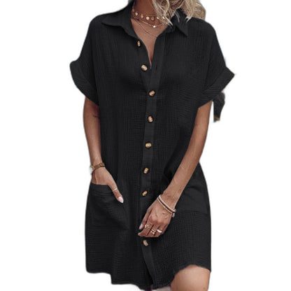 Effortless White Linen Mini Dress for Women with Collared Short Sleeve Button Front Flowing Pockets Casual Style