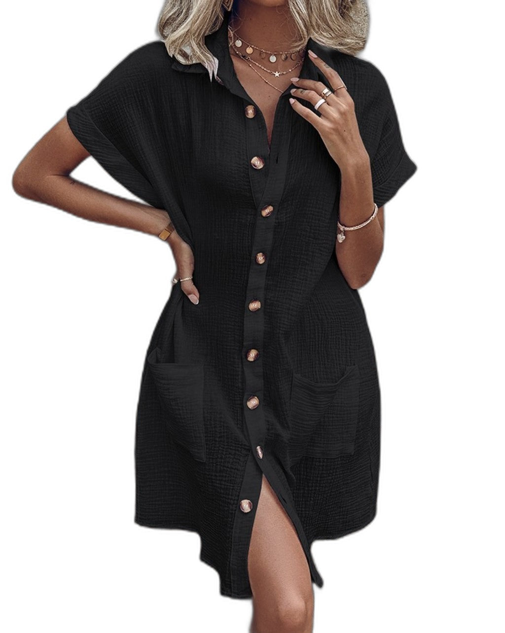 Effortless White Linen Mini Dress for Women with Collared Short Sleeve Button Front Flowing Pockets Casual Style