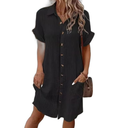 Effortless White Linen Mini Dress for Women with Collared Short Sleeve Button Front Flowing Pockets Casual Style