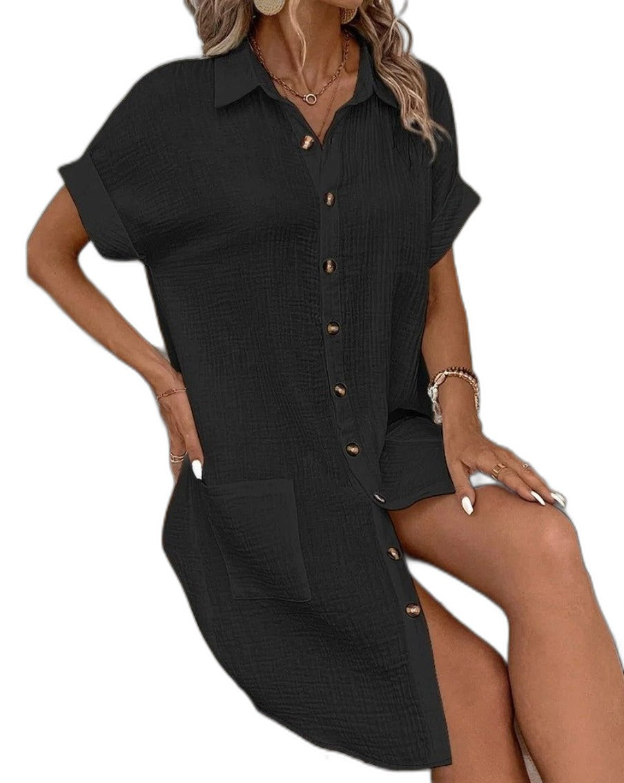 Effortless White Linen Mini Dress for Women with Collared Short Sleeve Button Front Flowing Pockets Casual Style