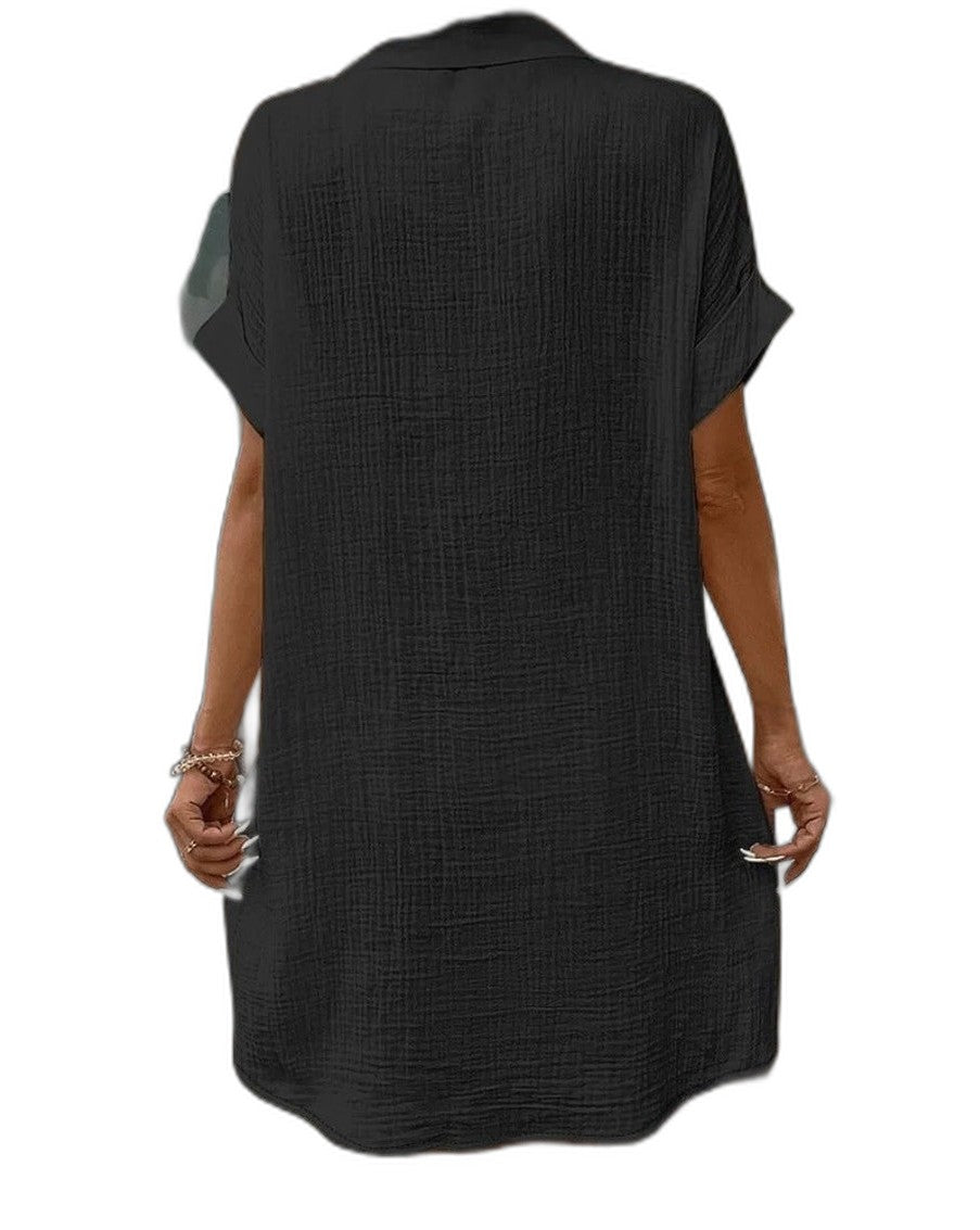 Effortless White Linen Mini Dress for Women with Collared Short Sleeve Button Front Flowing Pockets Casual Style