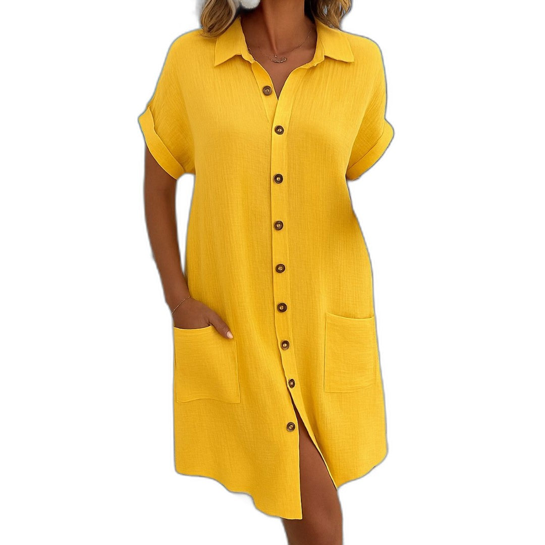 Effortless White Linen Mini Dress for Women with Collared Short Sleeve Button Front Flowing Pockets Casual Style