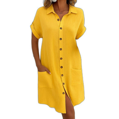 Effortless White Linen Mini Dress for Women with Collared Short Sleeve Button Front Flowing Pockets Casual Style
