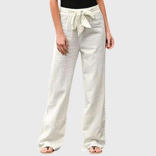 Effortless White Linen Pants for Women with Belted High Waisted Wide Leg Casual Style