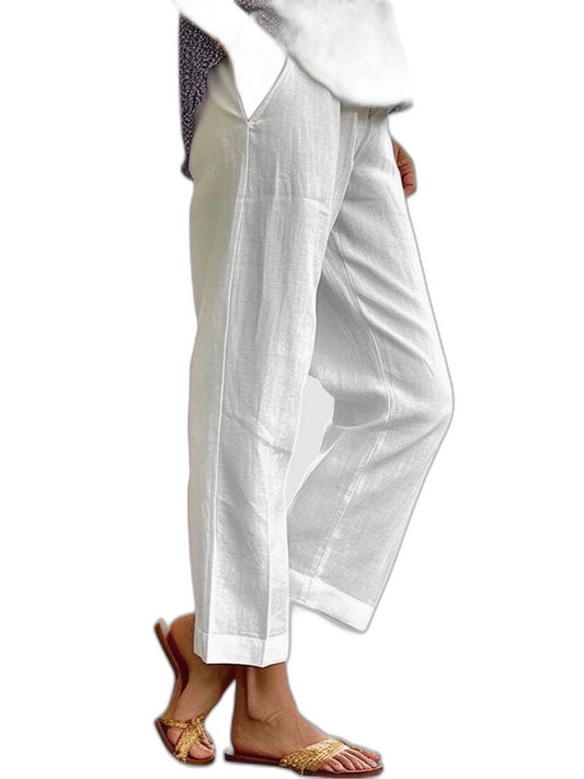 Effortless White Linen Pants for Women with High Waisted Wide Leg Pockets Casual Style