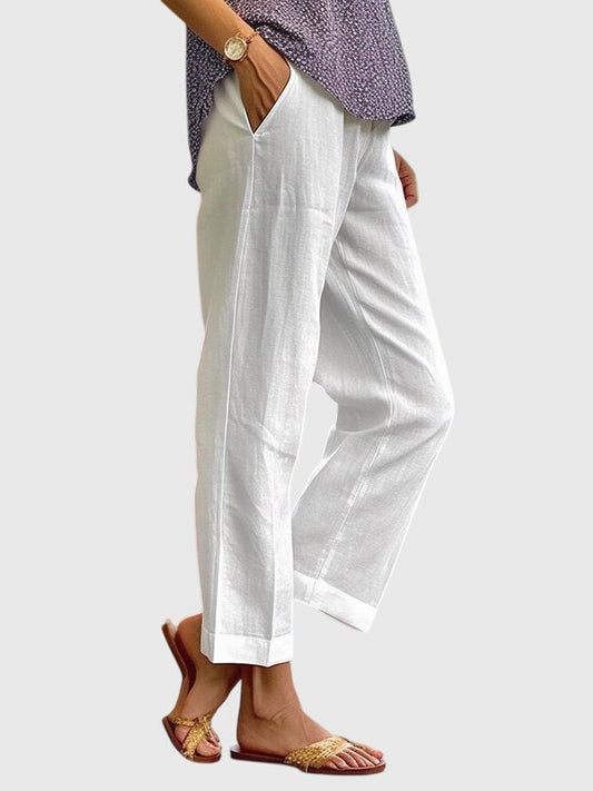 Effortless White Linen Pants for Women with High Waisted Wide Leg Pockets Casual Style