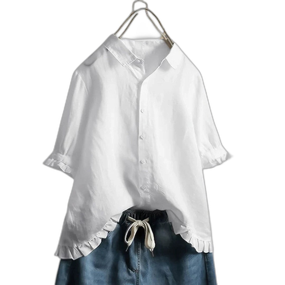 Effortless White Linen Shirt for Women with Collared Short Sleeve Button Front Oversized Casual Style