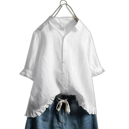 Effortless White Linen Shirt for Women with Collared Short Sleeve Button Front Oversized Casual Style