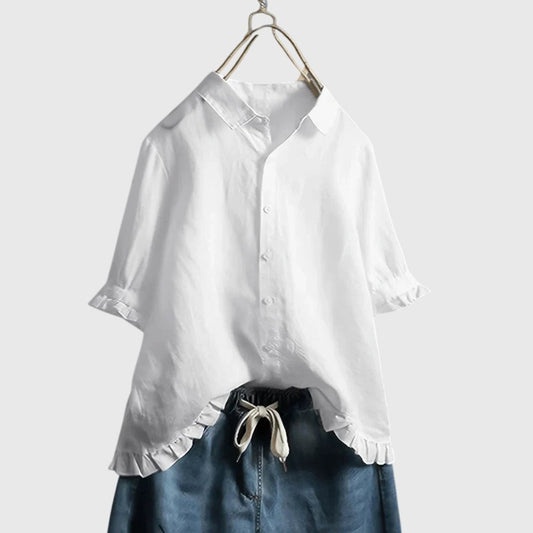 Effortless White Linen Shirt for Women with Collared Short Sleeve Button Front Oversized Casual Style