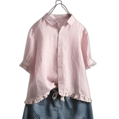 Effortless White Linen Shirt for Women with Collared Short Sleeve Button Front Oversized Casual Style