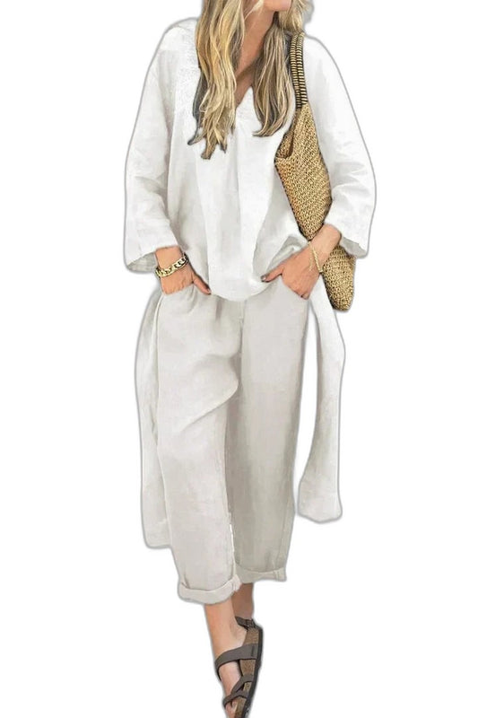 Effortless White Linen Two Piece Set for Women with Flowing Oversized Casual Style