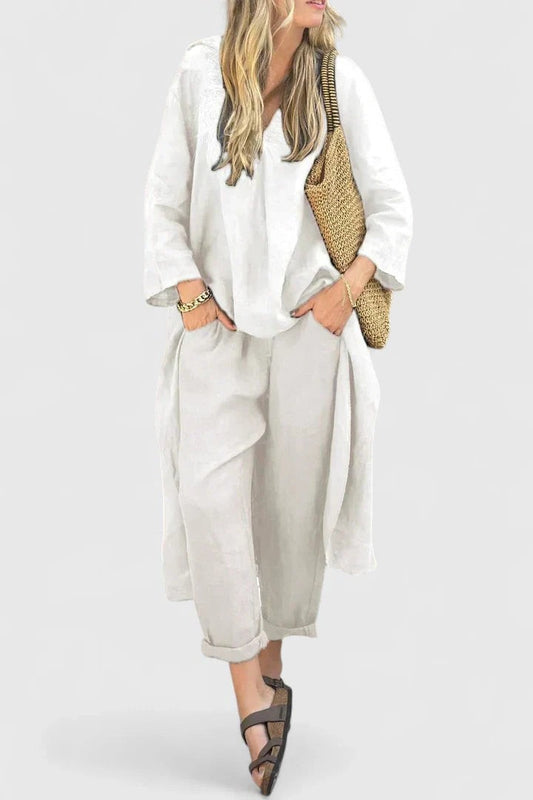 Effortless White Linen Two Piece Set for Women with Flowing Oversized Casual Style