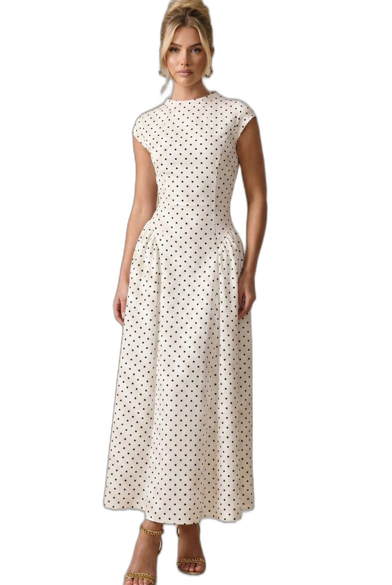 Effortless White Polka Dot Maxi Dress for Women with Round Neck Cap Sleeve A Line Pockets Casual Style