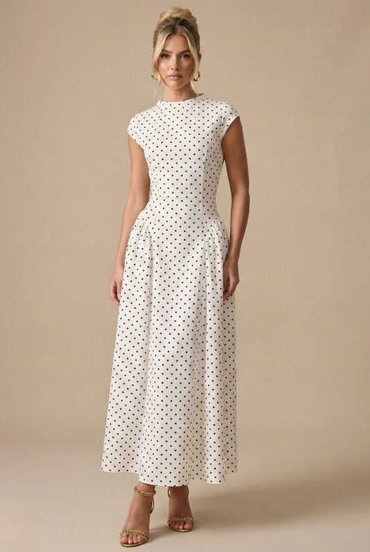 Effortless White Polka Dot Maxi Dress for Women with Round Neck Cap Sleeve A Line Pockets Casual Style